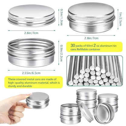 30Pack 2oz Tin Jars, 60ml Metal Tin cans, 2Ounce Aluminum tin can jar Containers with Screw Lid for Lotion Bars, Spices, Salve, Balms, Beard Balm, Toiletries, Creams, Samples, Makeup Cosmetic - color: Silver 30pack
