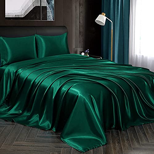 Homiest 3pcs Satin Sheets Set Luxury Silky Satin Bedding Set with Deep Pocket, 1 Fitted Sheet + 1 Flat Sheet + 1 Pillowcase (Twin XL Size, Blackish Green) - color: Blackish Green, size: Deep pocket - Twin XL size