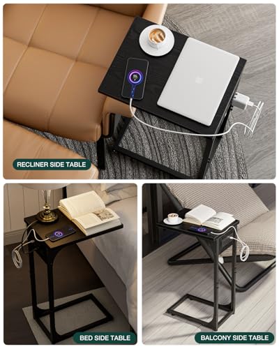 C-Shaped Side Table for Couch - Small Coffee Stand Sofa Tray Desk with Metal Frame Waterproof Scratch Resistant Wood Top and Built-in Charging Station, Black - color: Black, size: 1-Pack, style: Includes Power Outlets