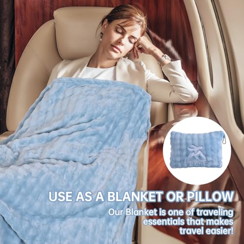 Travel Blanket and Pillow-2-in-1, Ultra-Soft&Compact, One-Piece Airplane Blanket with Hand Luggage Belt and Backpack Clip,Travelers Accessories Gifts, 61x43 Inches (Blue) - color: Blue