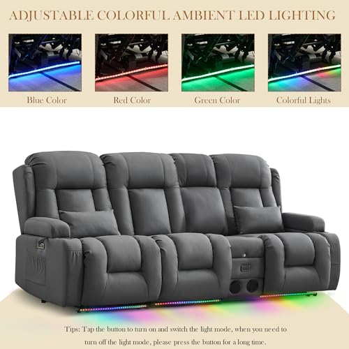 TUNYI Power Loveseat Recliner Sofa with Massage & Heat Home Theater Seating with Console RV Recliner Loveseat Sofa with USB/Storage/Side Pocket/LED Light/Speaker (Dark Grey) - color: Dark Grey, size: 3 Seat with console