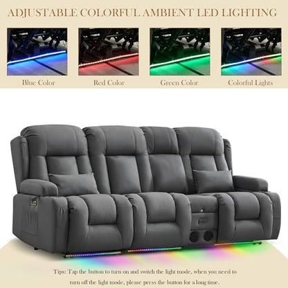 TUNYI Power Loveseat Recliner Sofa with Massage & Heat Home Theater Seating with Console RV Recliner Loveseat Sofa with USB/Storage/Side Pocket/LED Light/Speaker (Dark Grey) - color: Dark Grey, size: 3 Seat with console