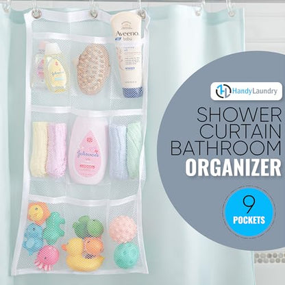 Handy Laundry Shower Curtain Bathroom Organizer -9 Pockets- Perfect for Organizing Home Bath, Your Toiletries and kid's Toys in Nine Durable Deep Mesh Pockets. Hang on Existing Shower Curtain Rings. - color: Hanging White