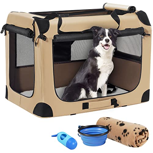Petprsco Portable Dog Crate - 32"x23"x23" Collapsible Dog Travel Crate for Medium/Large Dogs with Soft Blanket, Foldable Bowl & Poop Bag Dispenser - Indoor & Outdoor Use - color: Beige, size: 32.0"L x 23.0"W x 23.0"H