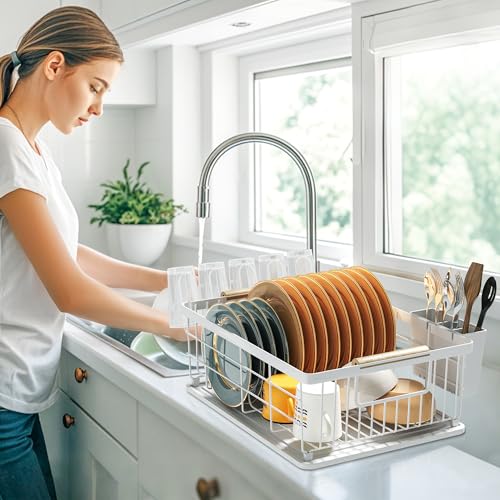 Dish Drying Rack White with Diatomaceous Earth 1 Tier,Multifunctional Dish Racks for Kitchen Counter Quick-Drying,Large Capacity Space Saving with Cutlery Cups Holder - color: White, size: 1 Tier