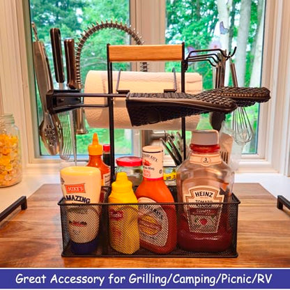 Geesta Grill Caddy for Outdoor Grill, BBQ Picnic Camping Caddy with Paper Towel Holder & Magnetic Tool Holder, Condiment Storage Utensil Kitchen Organizer for RV Camper, Tailgate Accessories