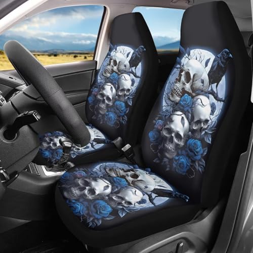 Bulopur Halloween Car Seat Covers 2 Piece Blue Rose Skull Vehicle Front Seat Protector Auto Interior Accessories Protetors Car Mat Covers Universal fit Most Cars SUV Van Truck - color: Blue Rose Flower Skull Print
