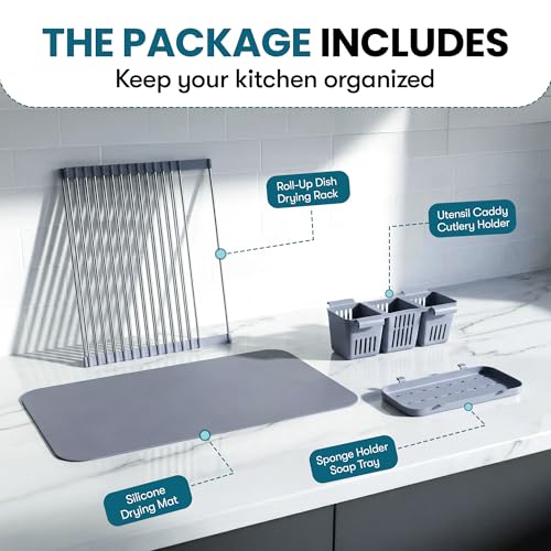 Havenity™ Expandable Roll Up Dish Drying Rack with Drying Mat - Adjustable Up to 22.75" with 2 Free Attachments & 2 Removable Baskets, 304 Stainless Steel Over The Sink Dish Drying Rack Cover Kitchen - size: Dish Drying Rack Combo