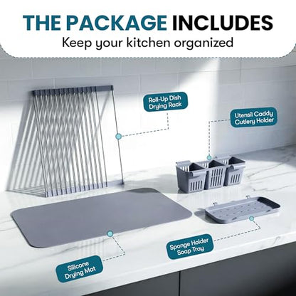 Havenity™ Expandable Roll Up Dish Drying Rack with Drying Mat - Adjustable Up to 22.75" with 2 Free Attachments & 2 Removable Baskets, 304 Stainless Steel Over The Sink Dish Drying Rack Cover Kitchen - size: Dish Drying Rack Combo