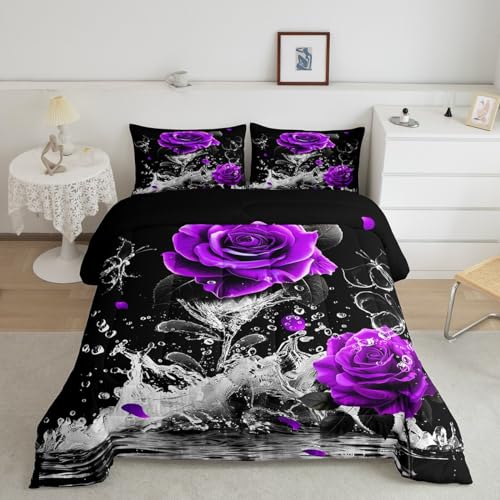 Feelyou Queen Size Purple Rose Comforter Set Boys Girls Romantic Floral Blossom Bedding Set for Women Men Black Purple Comforter Reflection on Water Quilt Set - color: Multi 22, size: Queen