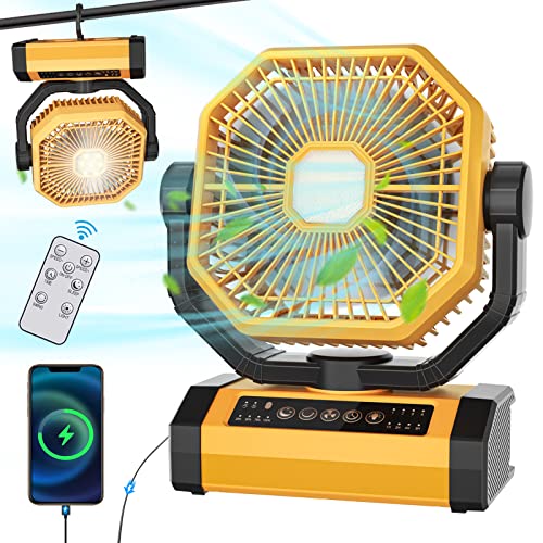 Portable Rechargeable Fan 70Hrs 20000mAh 9-Inch with Auto Oscillating/Remote/Timer/LED Light, Camping Fan for Tent, Travel, Worksite, Poweroutage, Strong Hurricane, Cordless Fan, Battery Operated Fans - color: 20000mAh-Yellow