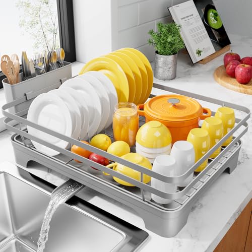 Kitsure Dish Drying Rack - Multi-Functional Dish Rack for Kitchen Counter with Cutlery Holder, Rust-Proof Storage Solution with Rotatable, 15.7" x 12.0" x 5.5", Grey - color: Gray