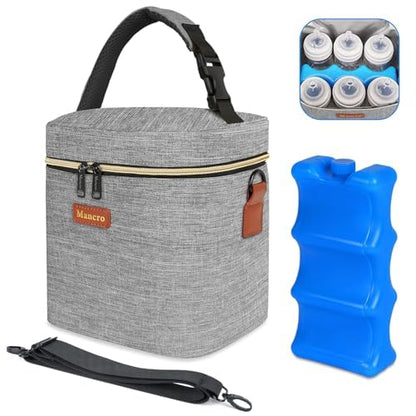 Mancro Baby Bottle Bag with Insulated Cooler, Fits 6 Baby Bottles Up to 9 Ounce with Ice Pack, Breastmilk Cooler Bag with Adjustable Shoulder Strap for Easy Carrying, Grey - color: Grey