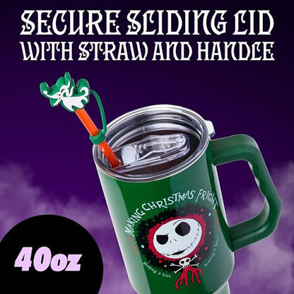 Silver Buffalo Disney Nightmare Before Christmas Making Xmas Fright Jack Skellington & Zero Double Walled Stainless Steel Tumbler w Handle, Straw, and Straw Cap, Fits in Standard Cup Holder, 40 Ounces - color: Nightmare Before Christmas Making Xmas Fright