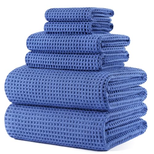 POLYTE 430 GSM Microfiber Quick Dry Lint Free Oversize Bath Towel Set, 6 Piece (Waffle Weave) - color: Royal Blue