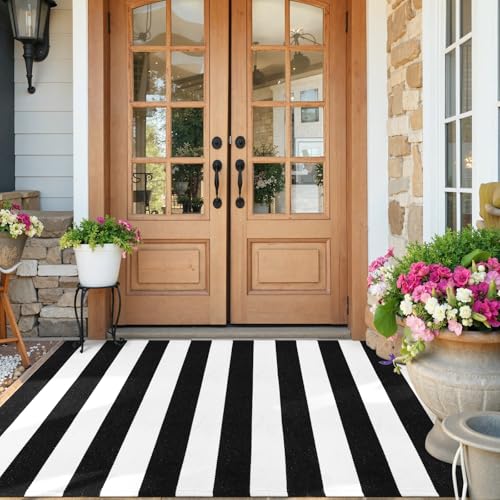 Collive Black and White Rug 4'x 6', Washable Striped Outdoor Indoor Rug,Farmhouse Cotton Woven Layered Door Mat,Front Porch Decor Door Mat for Front Door Patio Porch Living Room Kitchen - color: Black and White, size: 4' x 6' (Rectangular)