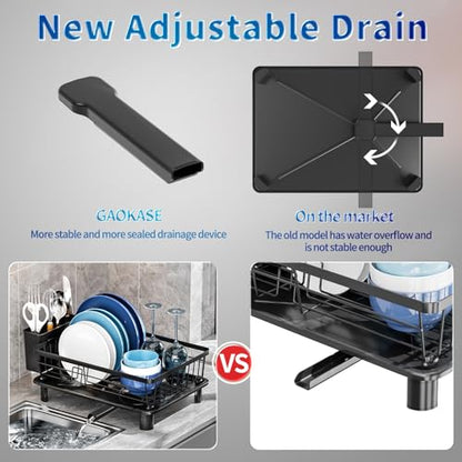 GAOKASE Dish Drying Rack, Stainless Steel-Dish Rack, Dish Racks for Kitchen Counter, Kitchen Dish Drainers with Removable Utensil Holder,New Drain Outlet,Plate Rack and Drainboard,Black - color: Black