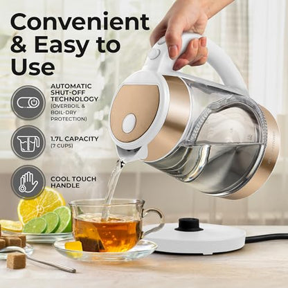 Zulay Kitchen Fast Boiling Electric Water Kettle - 1.7L, 1500W, Auto Shut-Off for Overboil & Boil Dry Protection, Cool-Touch Handle, 360° Base - Rapid Teapot Boiler For Coffee & Tea - White Copper