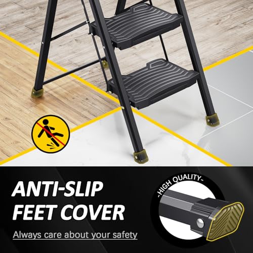 KINGRACK Step Ladder 4 Step Folding, 900lbs 4 Step Ladder with Anti-Slip Wide Pedal and Handrails, Lightwight Household Ladder, Pass 900LBS Testing, for Your Kitchen, Pantry, Closets, Office Use - size: 4-step with handrail