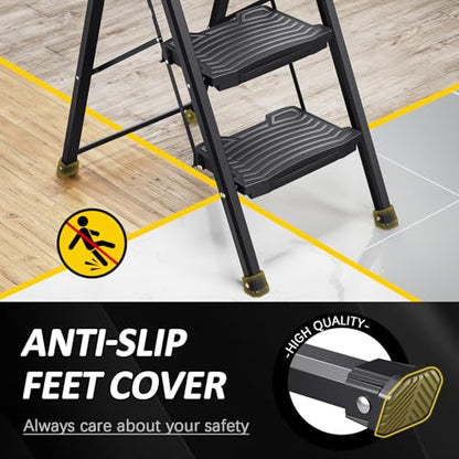 KINGRACK Step Ladder 3 Step Folding, 900lbs 3 Step Ladder with Non-Skid Wide Pedal and Handrails, Lightwight Household Ladder, Sturdy Step Stool, for Your Kitchen, Closets, Office Use, Garage, Black - size: 3-step with handrail