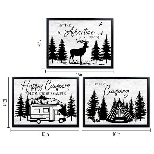 HOMEOART Camping Wall Decor RV Adventure Painting Camper Decor Art Print with Black Frame, Camper Living Room Bathroom Bedroom Decoration,Framed 12x16inchx3Pieces,Black and White