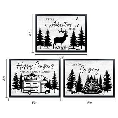 HOMEOART Camping Wall Decor RV Adventure Painting Camper Decor Art Print with Black Frame, Camper Living Room Bathroom Bedroom Decoration,Framed 12x16inchx3Pieces,Black and White