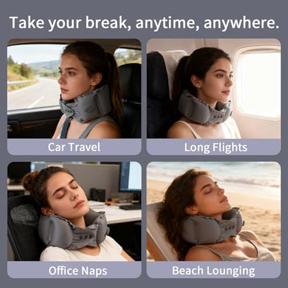 Inflatable Travel Neck Pillow with Adjustable Neck & Chin Support, 2-in-1 Built-in Pump and Storage Bag – Lightweight, Ideal for Airplane, Train, Car, Travel, Office, Home(Khaki) - color: Khaki