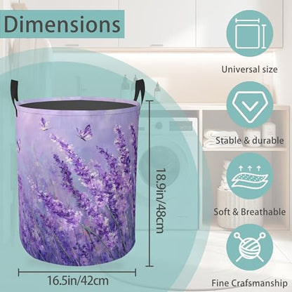 Purple Lavender Round Laundry Basket Collapsible Laundry Hamper with Handles Toys Clothes Organizer Bin For Home Bathroom Bedroom Dorm Nursery - color: Purple Lavender