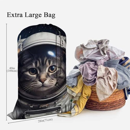 Swono Cat In Outer Space Extra Heavy Duty Laundry Bag, Cute Cartoon Kitten Astronomy Cosmos Dirty Clothes Drawstring Bag with Tear Resistant Fabric, Laundry Liner for Hamper, Space Adventure - color: Cat In Outer Space
