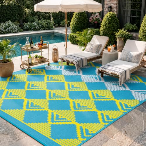 Lahome Outdoor Plastic Straw Rug, Reversible Outdoor Rug Waterproof 6x9 Patio Rugs, Camping Rugs for RV Backyard Deck Porch Picnic Beach Trailer (Blue/Yellow, 6' x 9') - color: Blue/Yellow/Checkered, size: 6'x9'
