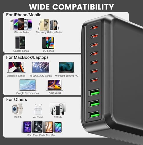 780W USB C Charger Block Fast 10-Port USB C Charging Station GaN PD 120W Laptop Charger Adapter for MacBook Pro/Air, DELL, iPad, iPhone, Samsung Galaxy Black - color: Black