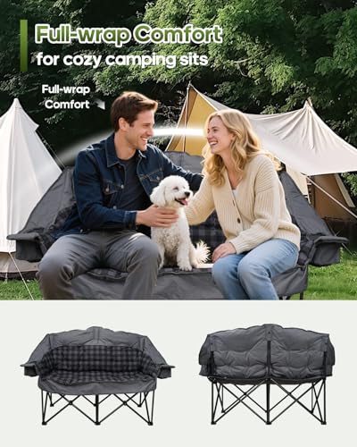 Double Camping Chair Padded Loveseat Camping Couch, Oversized 2 Person Camp Chairs with 2 in 1 Carry Bag, Heavy Duty Folding Lawn Chair Sofa with Cup Holders for Adults Patio Backyard Beach, Gray - color: Gray