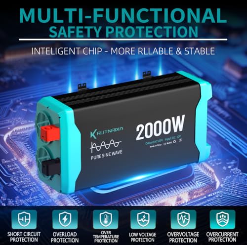 2000W Pure Sine Wave Inverter Peak 4000w 12V DC to 120V AC for RV, Truck, Off-Grid, Home, Solar Car Power Inverter with Dual AC Hardwire Port, 50A Socket, 5V 2.1A USB - size: Pure sine 2000W