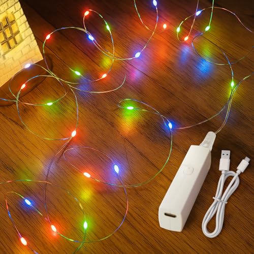 Lakumu Multicolor Fairy Lights, 32FT(16×2) Rechargeable Battery Operated Mini LED String Lights, 8 Modes Waterproof Twinkle Lights with Timer for Bedroom Christmas Wedding Table Decor - color: Multicolor, size: 32FT(16FT*2)