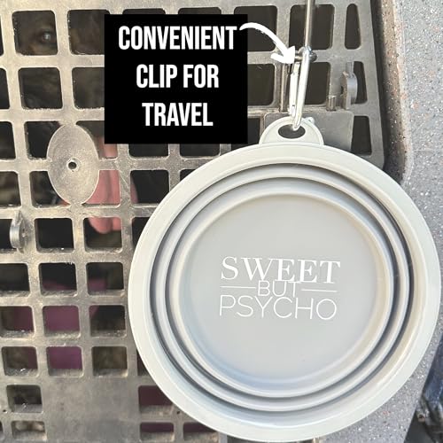SparkDog Sweet But Psycho Collapsible Dog Bowl, 1000ML (34oz) –XL Food-Grade Silicone Travel Bowl with Sturdy Rim – Extra Large Portable for Dogs & Cats – Great for Pet Lovers (Gray) - color: Gray-"Sweet But Psycho"