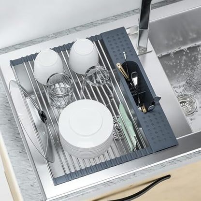 LEMIKKLE 17" x 15" Roll Up Dish Drying Rack Over The Sink Dish Drying Rack,Multi-Purpose Kitchen Rolling Dish Drainer Foldable SUS304 Stainless Steel Dish Drying Rack - color: Grey (for Size 17" X 15")