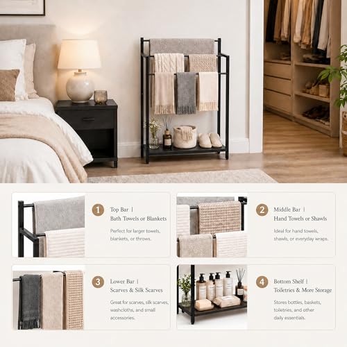 24.8" W Freestanding Towel Rack, 3 Tier Blanket Ladder Stand with Black Wooden Shelf for Bathroom Living Room - color: Black, size: 31.5" H x 24.8" W x7.9 D