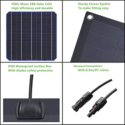 Lensunsolar 30W 12V ETFE Black Flexible Solar Panel, 23.6x13.8in, ETFE Black Thin, Slim Semi-Flexible PERC Mono High Efficiency Solar Cells 12 Volt for Battery Charge Marine RV Campers Boats Tent - size: 30W/23.6in x 13.8in