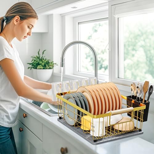 Dish Drying Rack Gold with Diatomaceous Earth 1 Tier,Multifunctional Dish Racks for Kitchen Counter Quick-Drying,Large Capacity Space Saving with Cutlery Cups Holder - color: Gold, size: 1 Tier