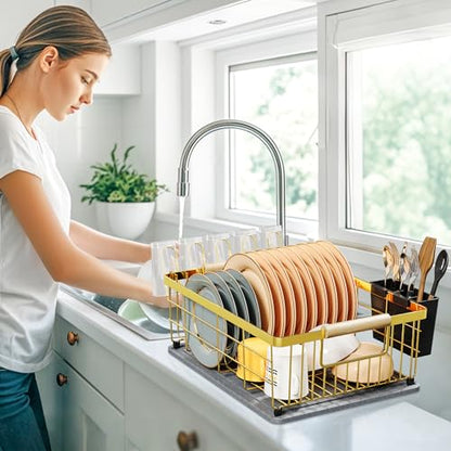 Dish Drying Rack Gold with Diatomaceous Earth 1 Tier,Multifunctional Dish Racks for Kitchen Counter Quick-Drying,Large Capacity Space Saving with Cutlery Cups Holder - color: Gold, size: 1 Tier