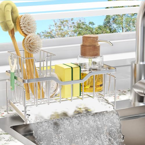 StorageRight Kitchen Sink Caddy Organizer, Rustproof Sponge Holder for Kitchen Sink, Instant Dry High Brush Holders with Drain Tray, Anti-Slip Sink Storage Organization Essentials, Silver - color: Silver