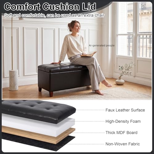 Asense Storage Ottoman Bench, 33" Faux Leather Upholstered End of Bed Bench with Safety Hinge,Wooden Legs,for Entryway Bedroom Living Room,Black - color: 33" Black Faux Leather