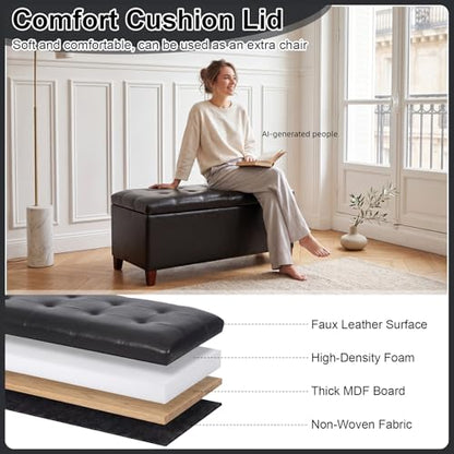 Asense Storage Ottoman Bench, 33" Faux Leather Upholstered End of Bed Bench with Safety Hinge,Wooden Legs,for Entryway Bedroom Living Room,Black - color: 33" Black Faux Leather