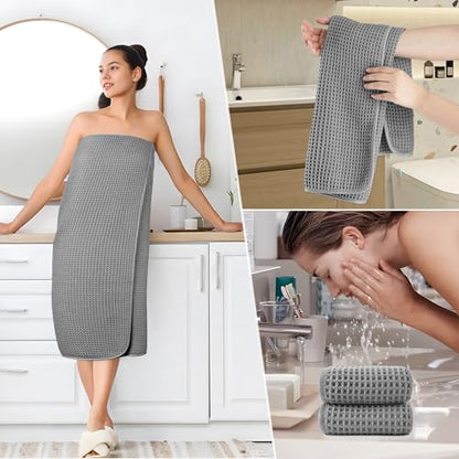 POLYTE 430 GSM Microfiber Quick Dry Lint Free Oversize Bath Towel Set, 6 Piece (Waffle Weave) - color: Gray