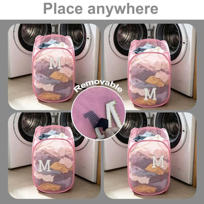 Collapsible Pop Up Laundry Hamper, Extra Large with Removable Initial Letter M, Mesh Foldable Laundry Basket, 28" x 16" x 16" (Pink) - color: 1P PinkM