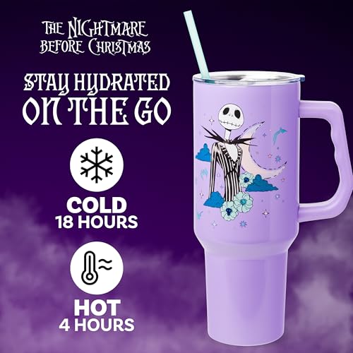 Silver Buffalo Disney Nightmare Before Christmas by Tim Burton Jack Skellington Double Walled Stainless Steel Tumbler with Handle and Straw, Fits in Standard Cup Holder, 40 Ounces - color: Nightmare Before Christmas Purple Twilight
