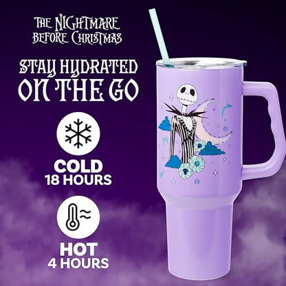Silver Buffalo Disney Nightmare Before Christmas by Tim Burton Jack Skellington Double Walled Stainless Steel Tumbler with Handle and Straw, Fits in Standard Cup Holder, 40 Ounces - color: Nightmare Before Christmas Purple Twilight