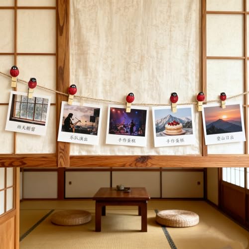 2 Sets Cute Ladybug Photo Clips with Hanging Strings, 24Pcs Mini Wooden Clips and 2 Jute Ropes for Picture Display,Small Pins for Notes Clothes Carfts Home Party Decoration Garland Gifts