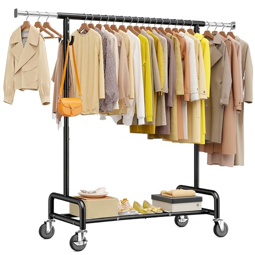 Raybee 75" W Heavy Duty Clothes Rack Load 450 LBS, Metal Garment Storage with Shelf, Lockable Wheels & Anti-Slip Stoppers, Rolling Clothing Rack for Bedroom Laundry Room, Black - color: Black, style: Rod Shelf
