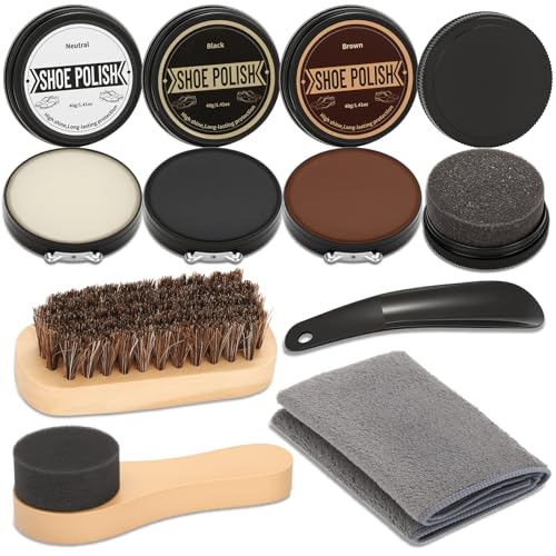 Cruzix Leather Shoe Polish Kit- Shoe Shine Gift for Men with Black Brown Neutral Shoe Polish Horsehair Brush Sponge Cloth - color: 3 Shoe Polish + 5 Tools